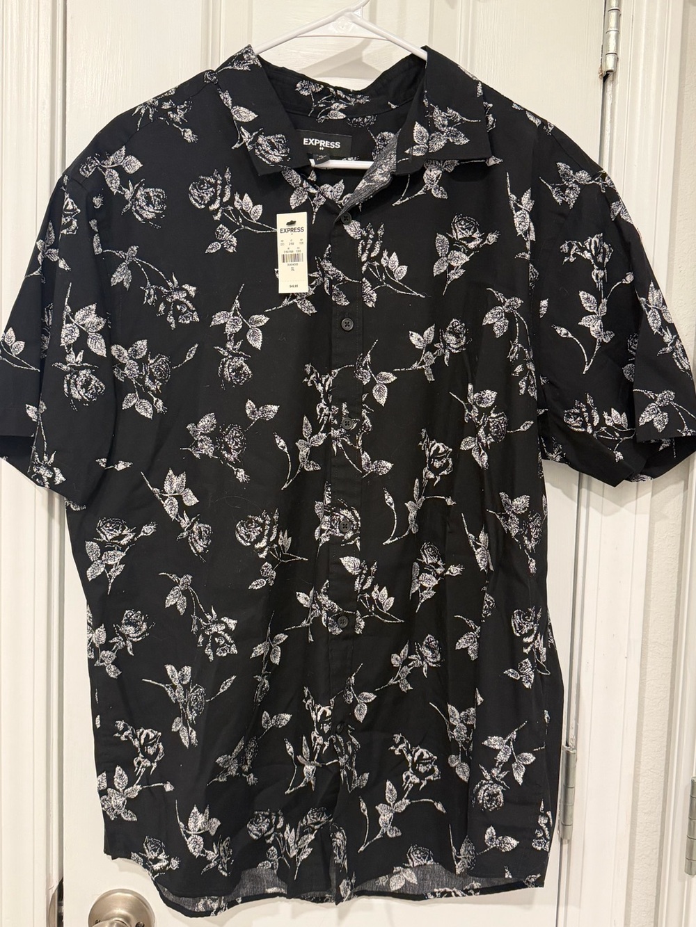 Express Black SS Button Shirt with White Roses